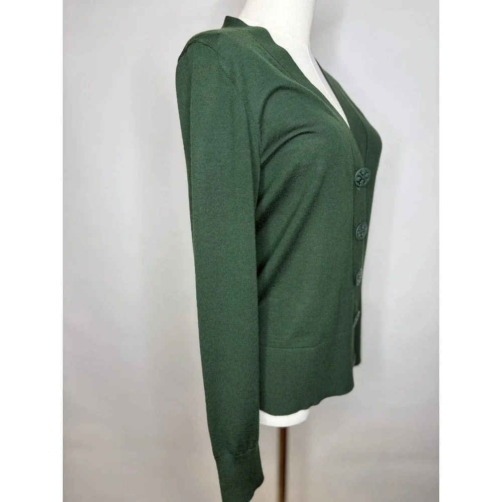 Tory Burch Madeline Cardigan Hunter Green Merino Wool Logo Button Sweater 64676